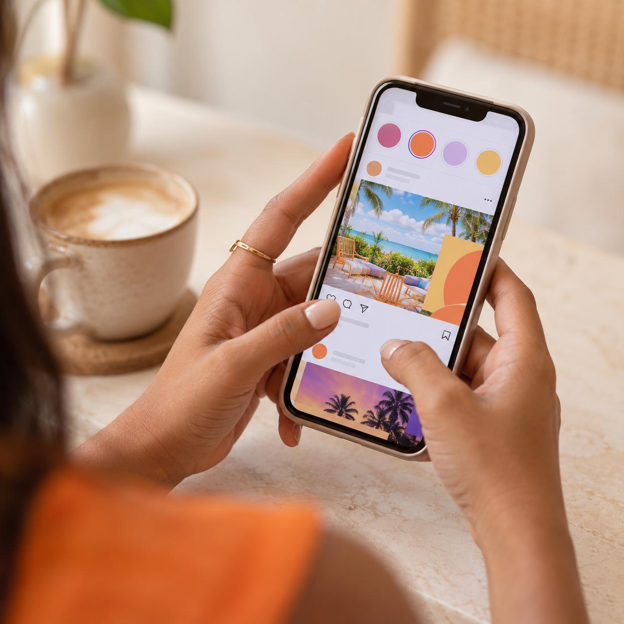 Manos sosteniendo un celular con publicaciones de Instagram de un destino de playa