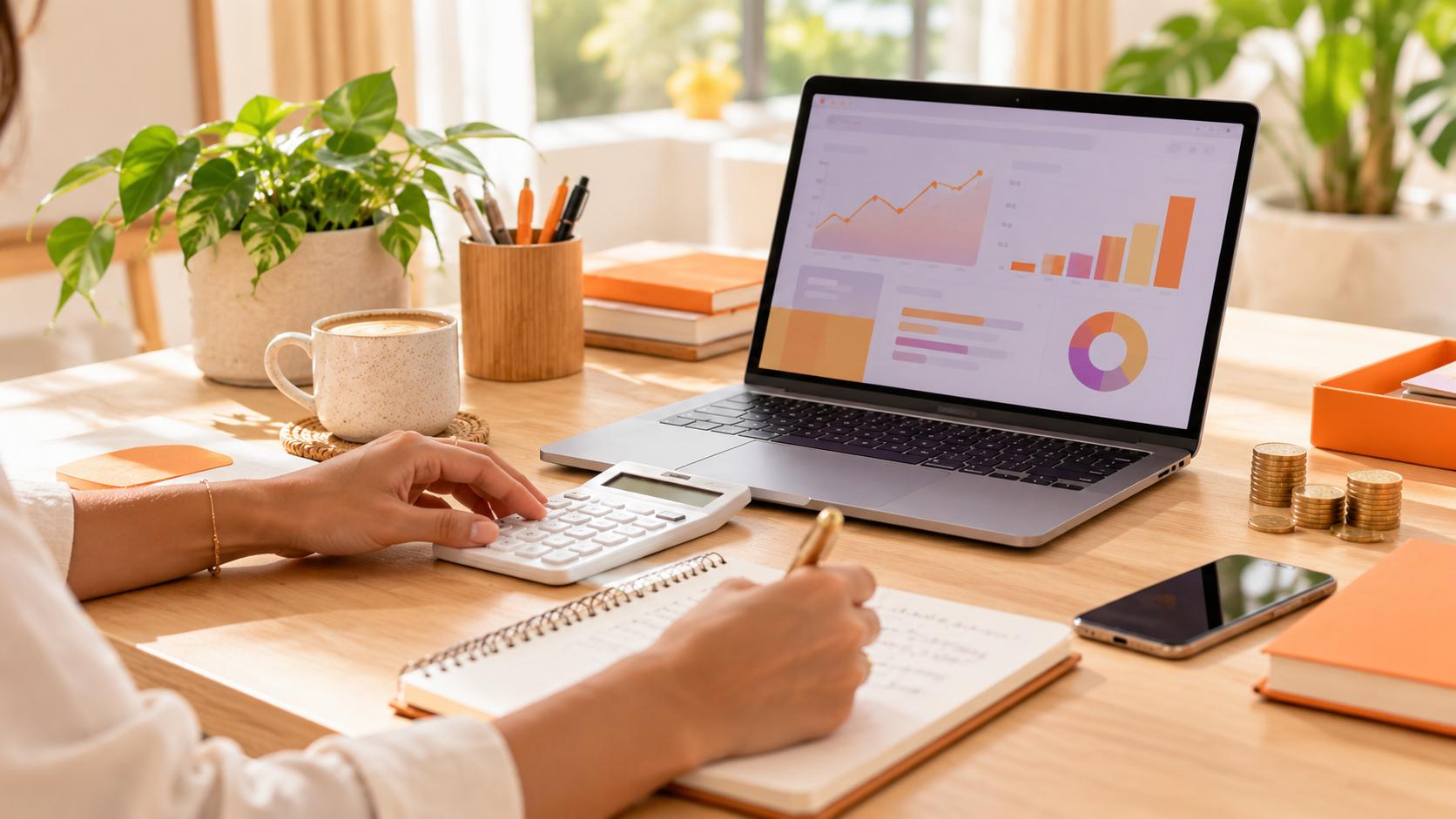 Persona calculando el presupuesto de una campaña con calculadora, libreta y una laptop con gráficos
