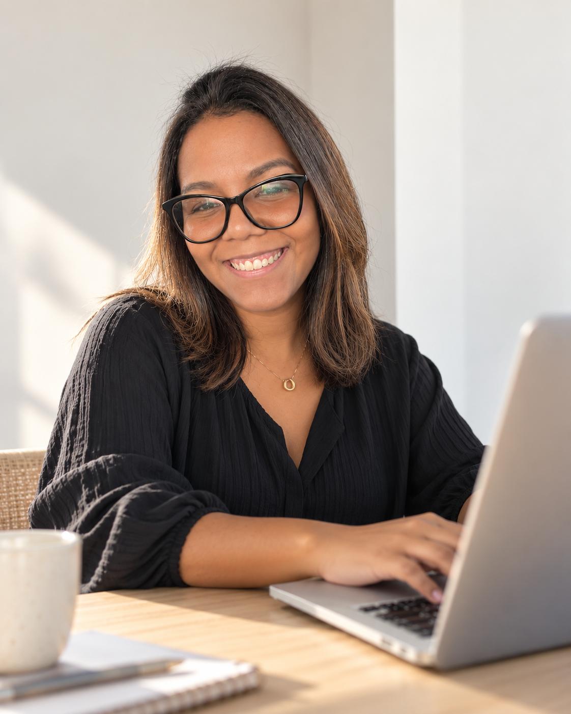 Liseth Salazar, estratega de marketing digital en Punta Cana, sonriendo frente a su laptop