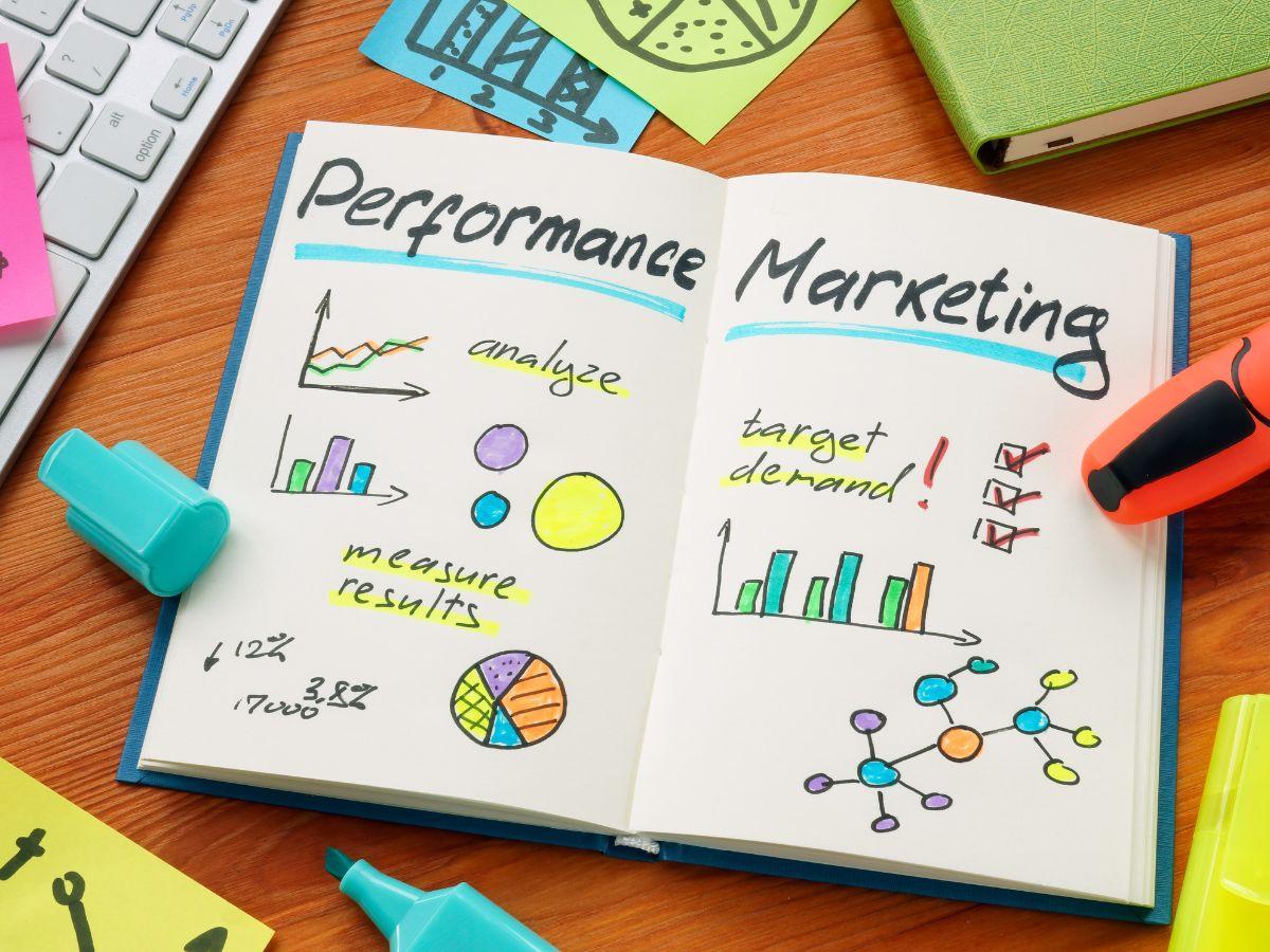 Libreta con un plan de marketing dibujado a mano: gráficos, objetivos y medición de resultados